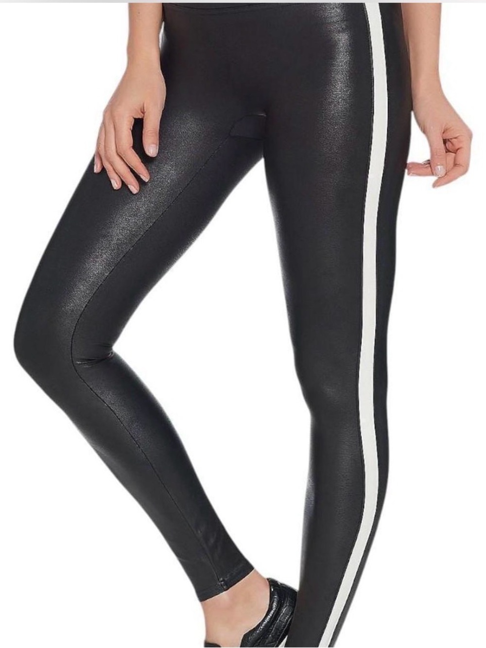 Spanx medium Black Faux Leather Leggings with White Side Stripe